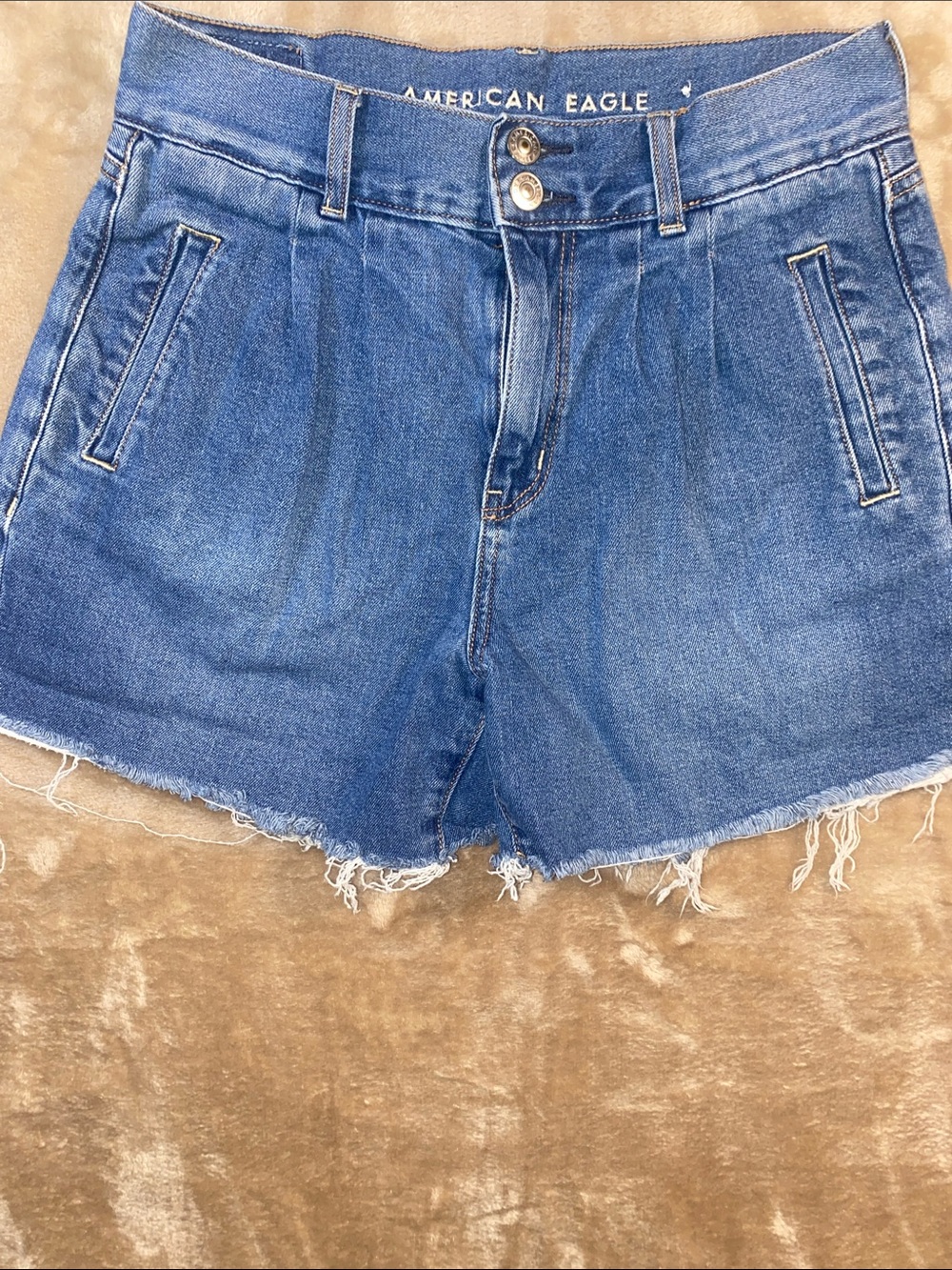 American Eagle Outfitters Blue Denim High-Waist Frayed Shorts